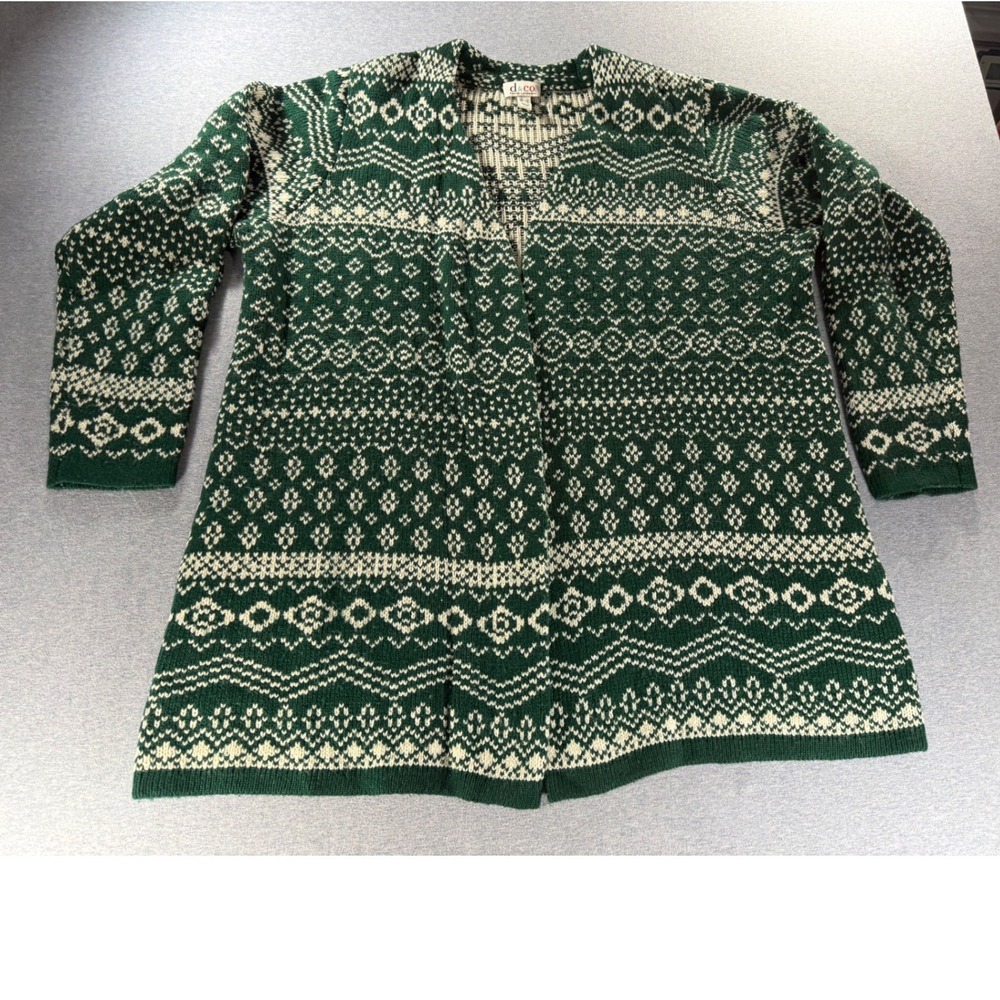Denim & Co Womens Large Green Fair Isle Open Front Cardigan Sweater Pockets